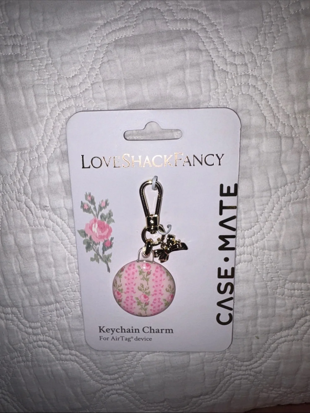 LoveShackFancy Pink Floral Keychain Charm with Gold Hardware